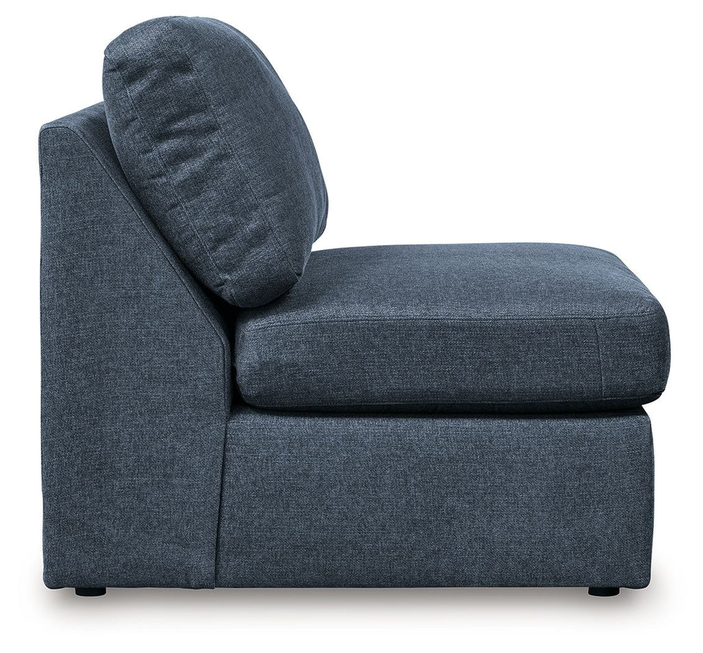 Blue corner sectional chair with curved back and wide seat cushion
