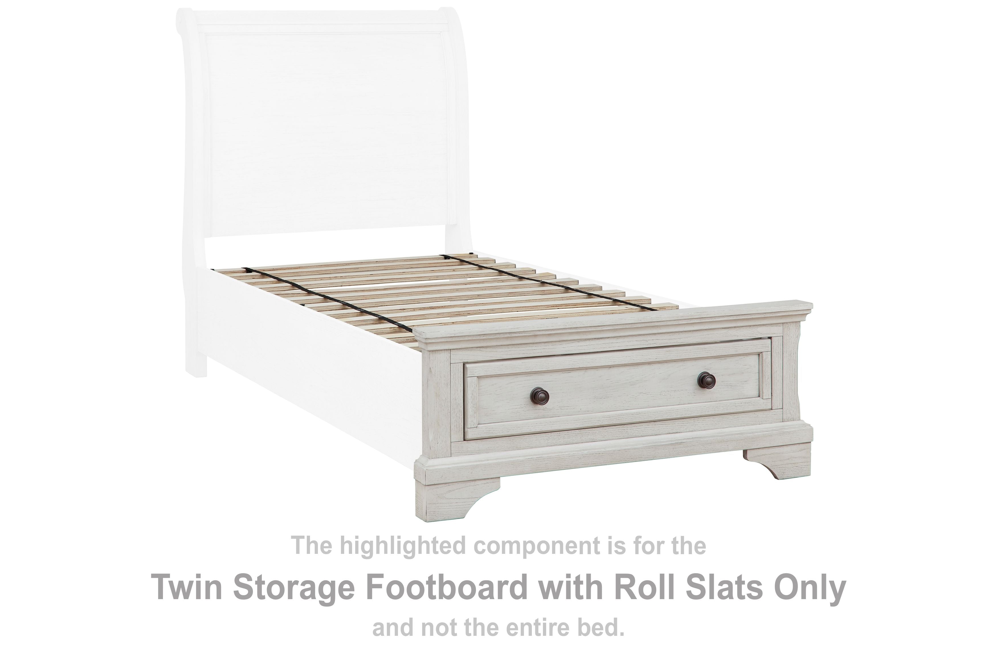 Antique white twin storage footboard with roll slats and two drawer fronts