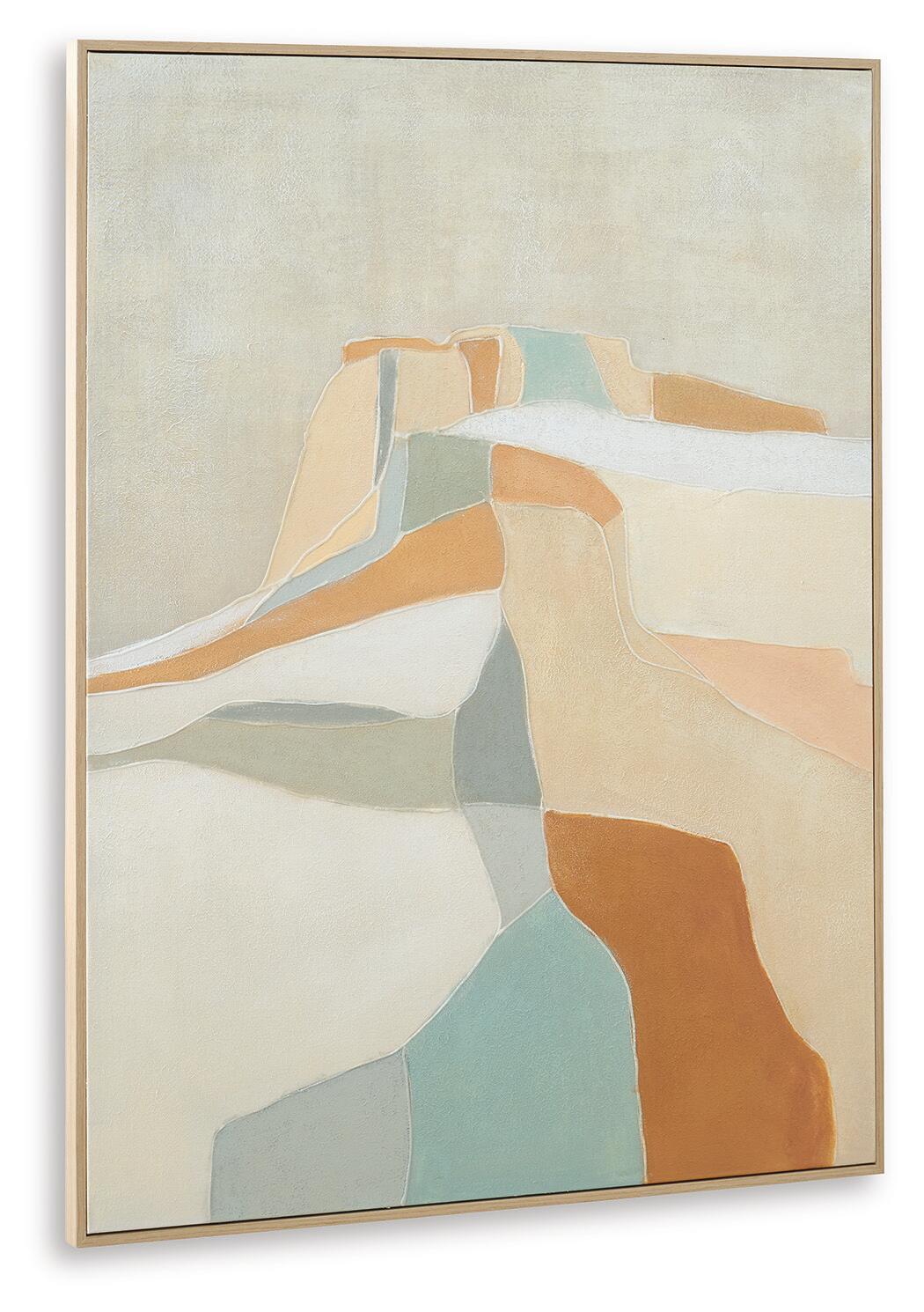 Framed abstract wall art with pastel tan, teal, blue, and white blocks