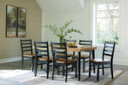 Rectangular dining table with brown top and black slat-back chairs