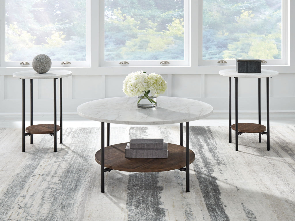 Set of three round occasional tables with gray tops, black frames, wood shelves