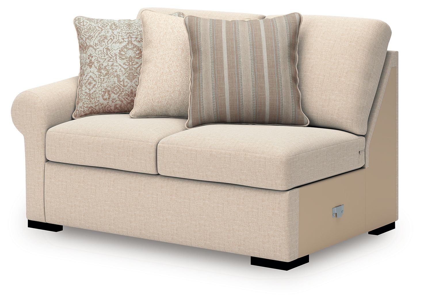 Beige twill loveseat with rolled arms, two decorative pillows, and dark block legs