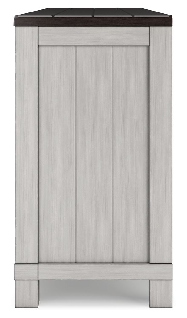 Gray cabinet panel end of TV stand with dark top and base trim