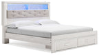 White king upholstered bookcase bed with two front storage drawers