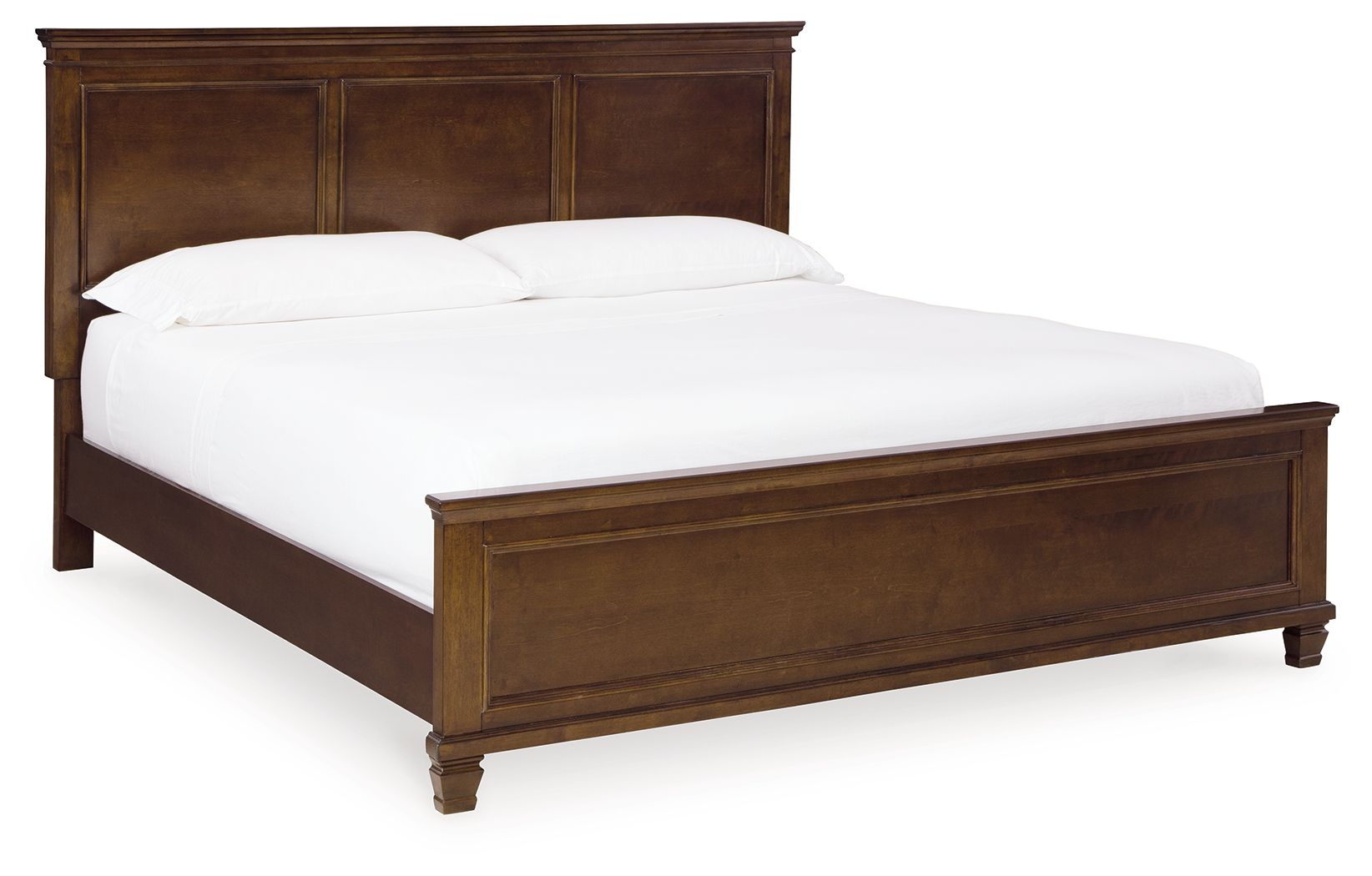 Dark brown panel bed with white mattress and pillows, low footboard angle.