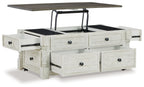 Lift-top cocktail table with open top and four drawers, white finish