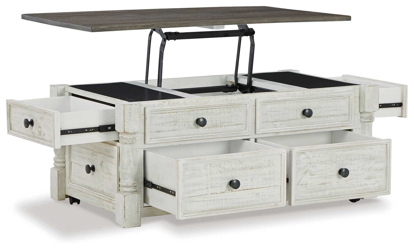 Lift-top cocktail table with open top and four drawers, white finish