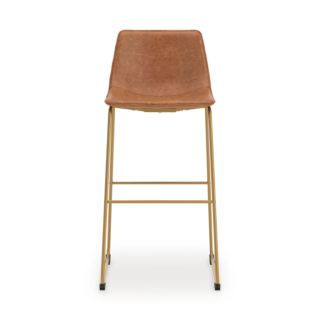 Tall upholstered barstool, light brown upholstery, straight gold legs with footrest rails.
