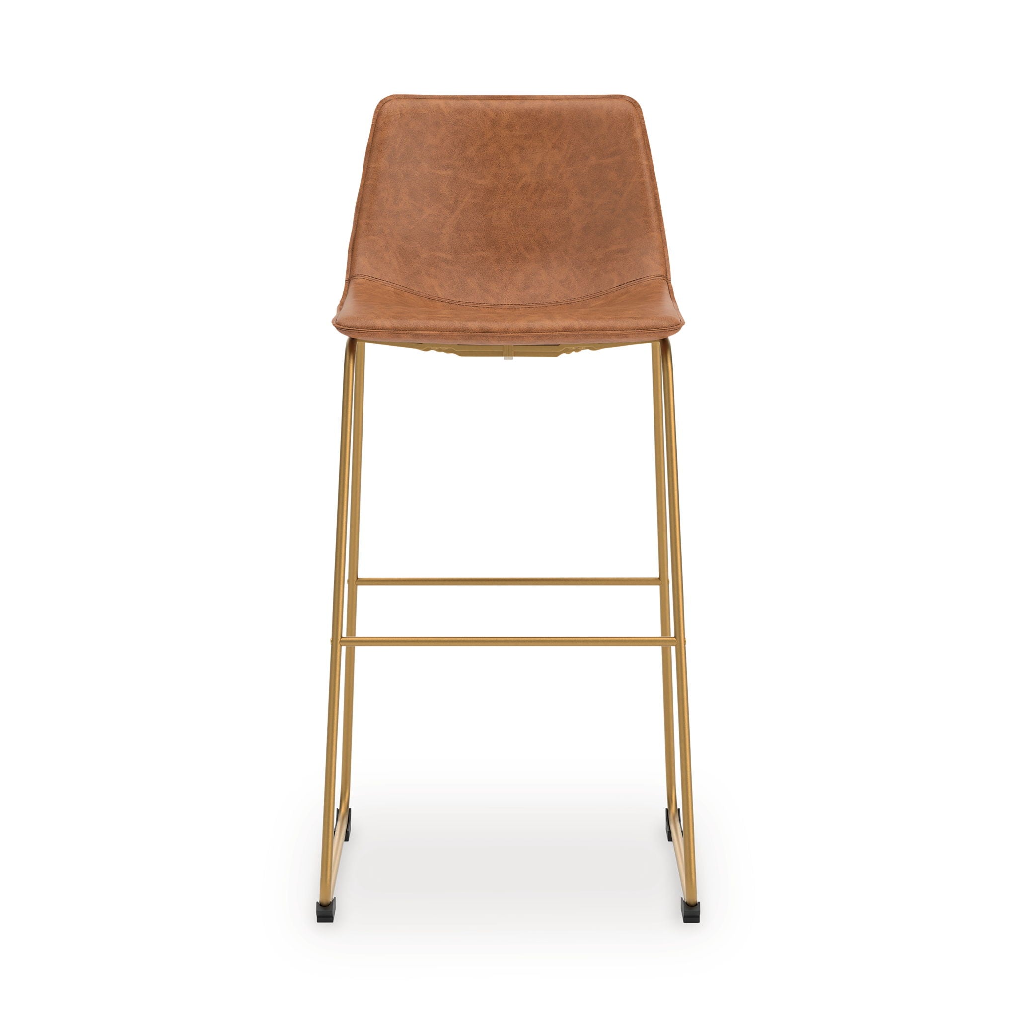 Tall upholstered barstool, light brown upholstery, straight gold legs with footrest rails.