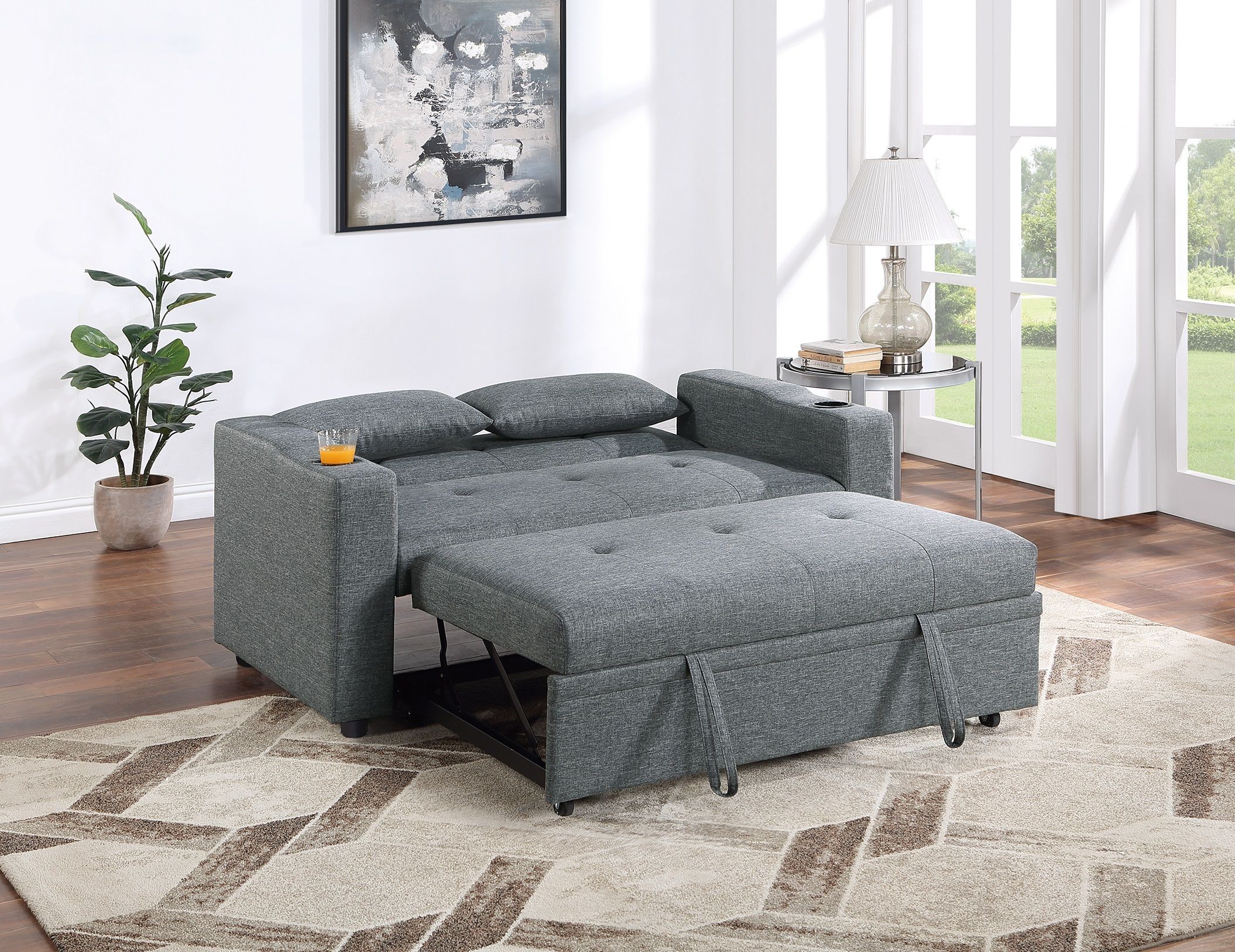 Contemporary Black Gray Sleeper Sofa Pillows Plush Tufted Seat Convertible Sofa Width Cup Holder Polyfiber Couch Living Room Furniture