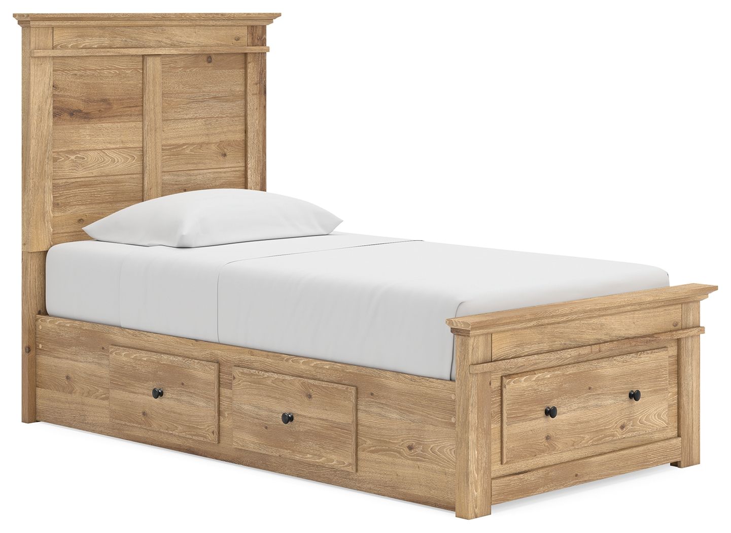 Light brown panel storage bed with white mattress and three front drawers