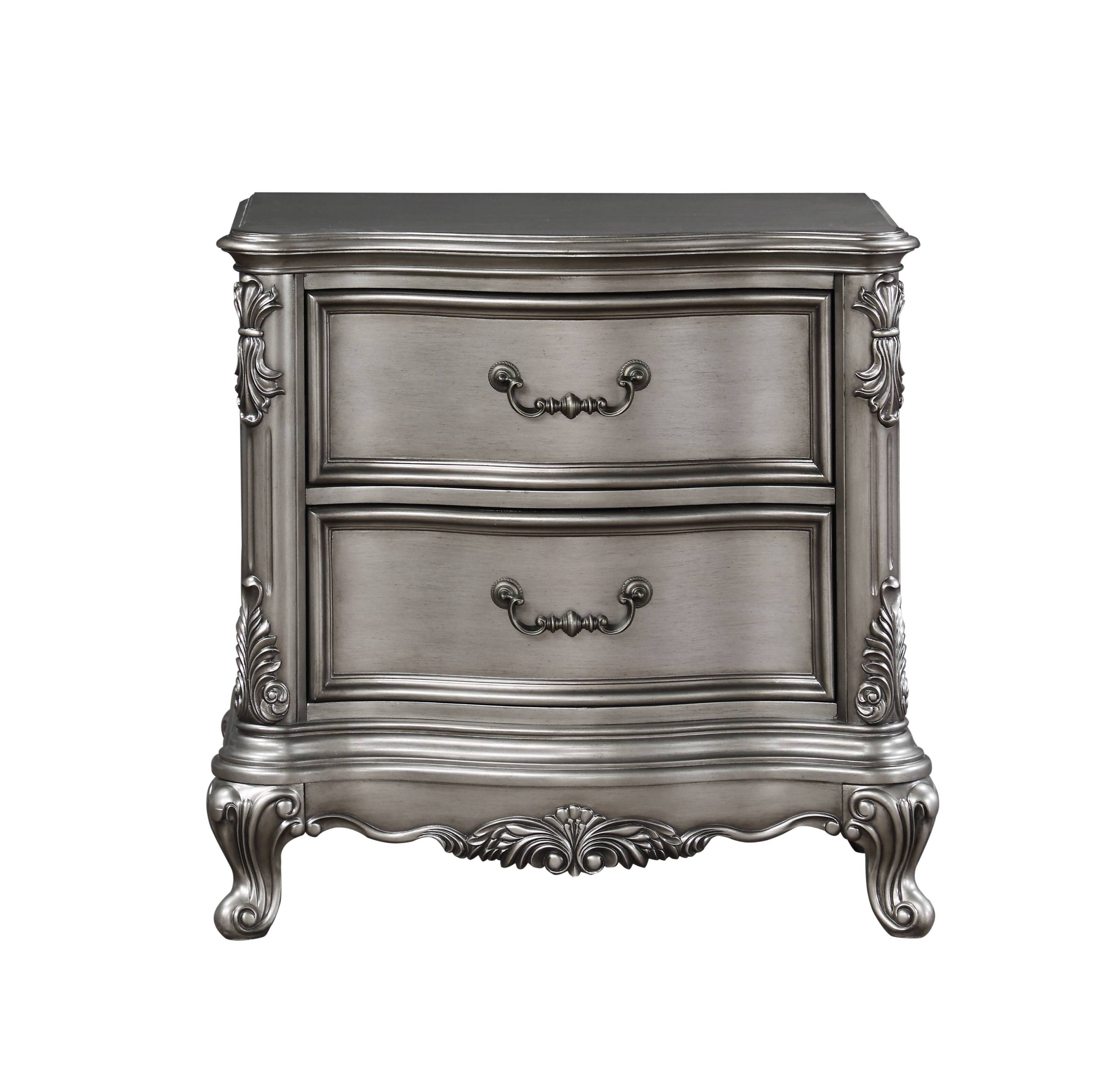 Ariadne Antique Platinum Finish Nightstand - Elegant Bedroom Furniture
