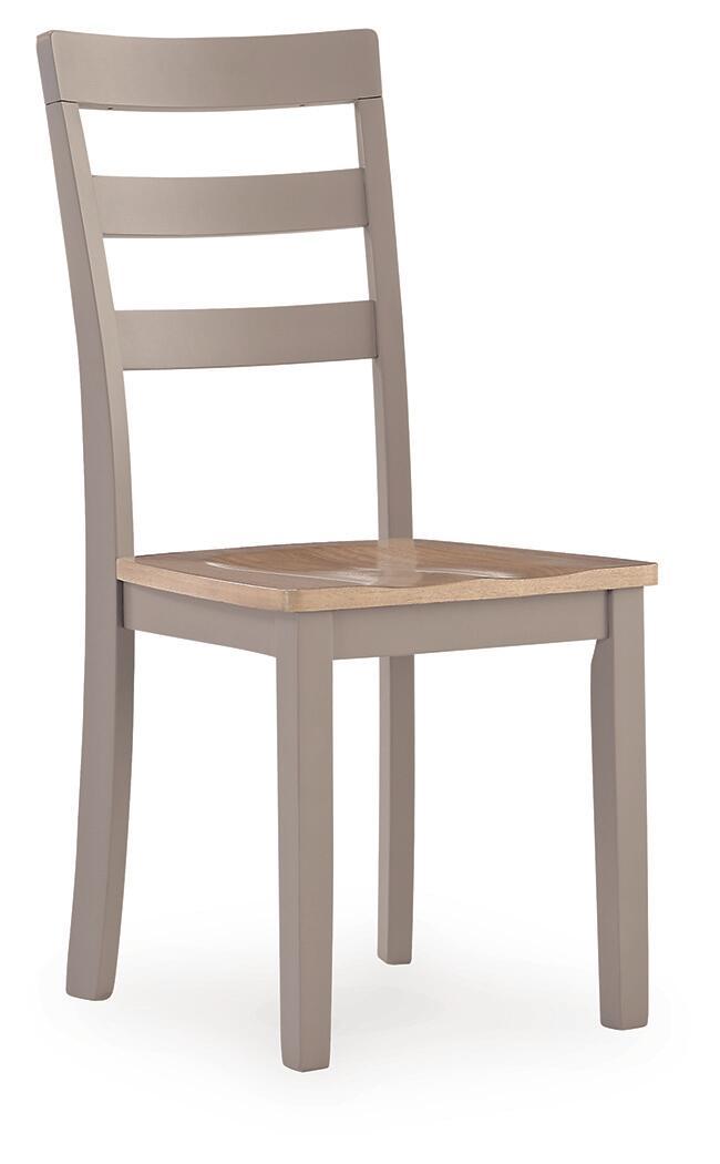Dining room side chair with slatted back, light wood seat, gray frame