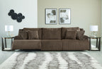 Dark brown corduroy-style reclining sectional sofa with multiple back cushions
