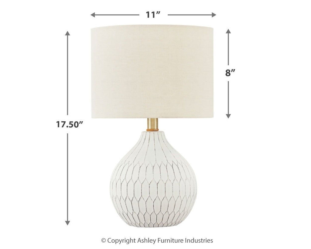 Ceramic table lamp size diagram: white shade and white diamond-pattern ceramic base