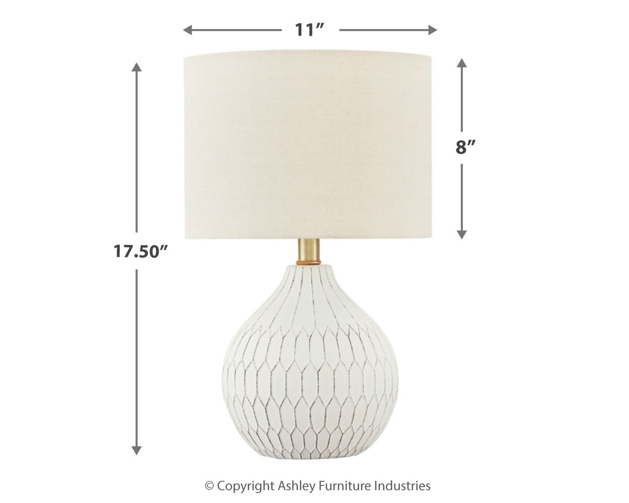Ceramic table lamp size diagram: white shade and white diamond-pattern ceramic base