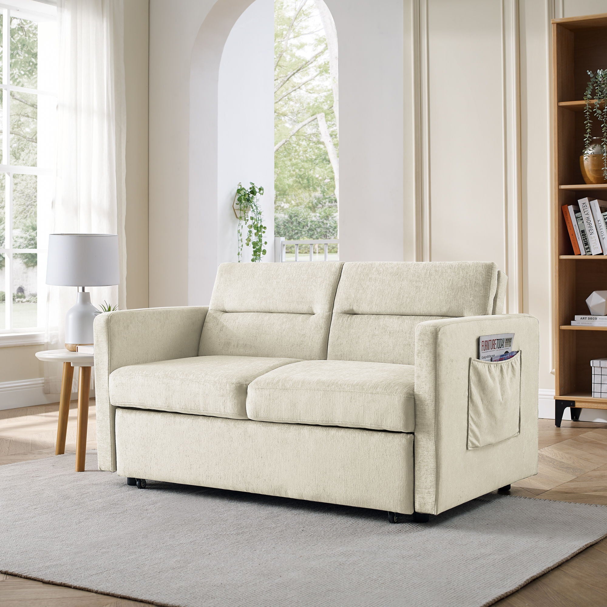 Loveseats Sofa Bed With Pull - Out Bed Adjsutable Back And Two Arm Pocket - Beige