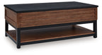 Lift-top cocktail table with warm brown wood drawer front and black base, open shelves.