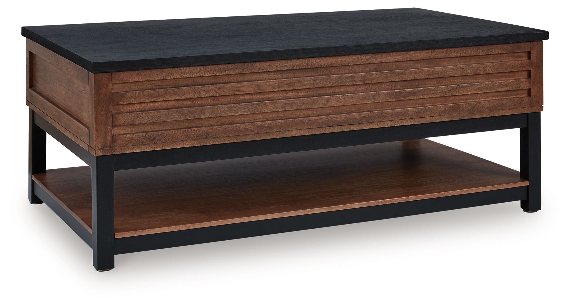 Lift-top cocktail table with warm brown wood drawer front and black base, open shelves.