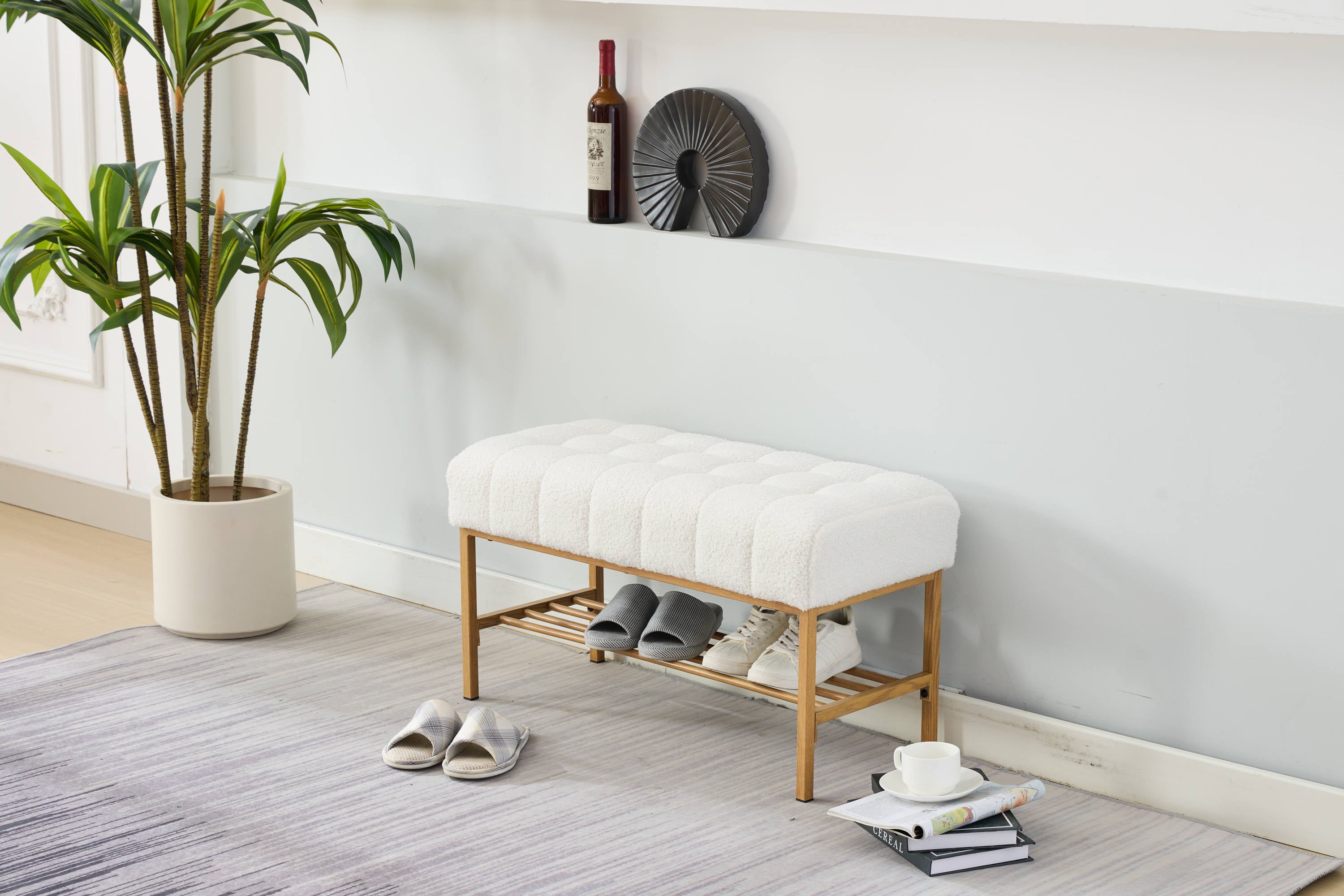 Upholstered Storage Bench with Shelf - Linen White