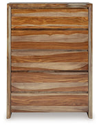 Five-drawer wooden chest in brown with five stacked drawer fronts and grain pattern
