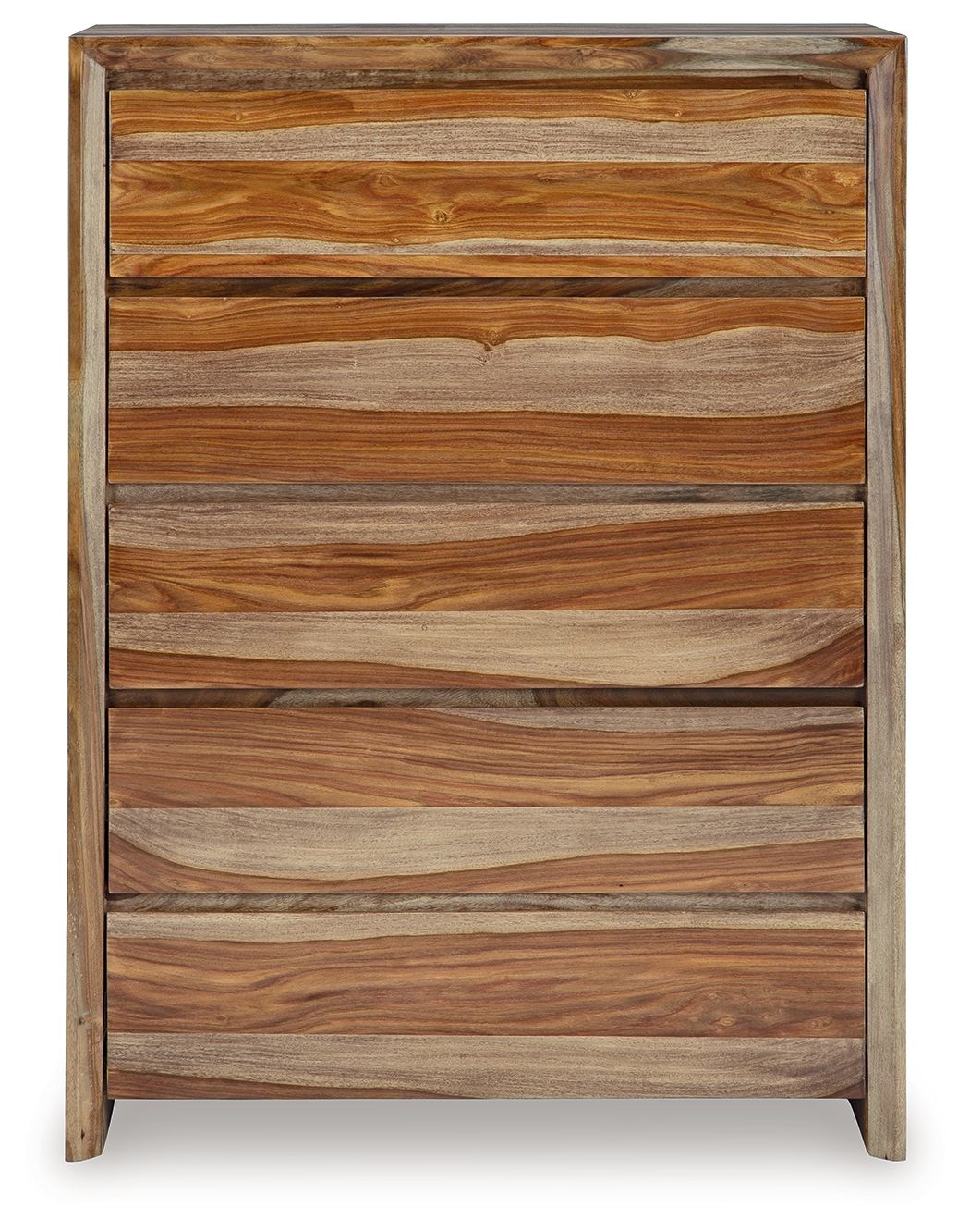 Five-drawer wooden chest in brown with five stacked drawer fronts and grain pattern