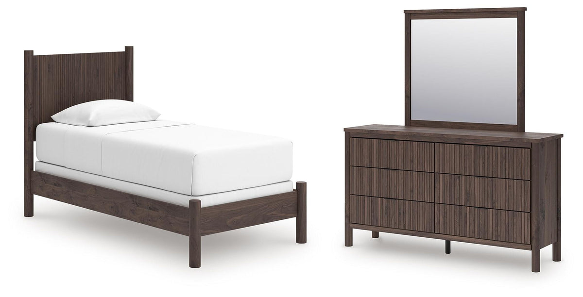 Panel bedroom set with dark brown bed and dresser, mirror and nightstand