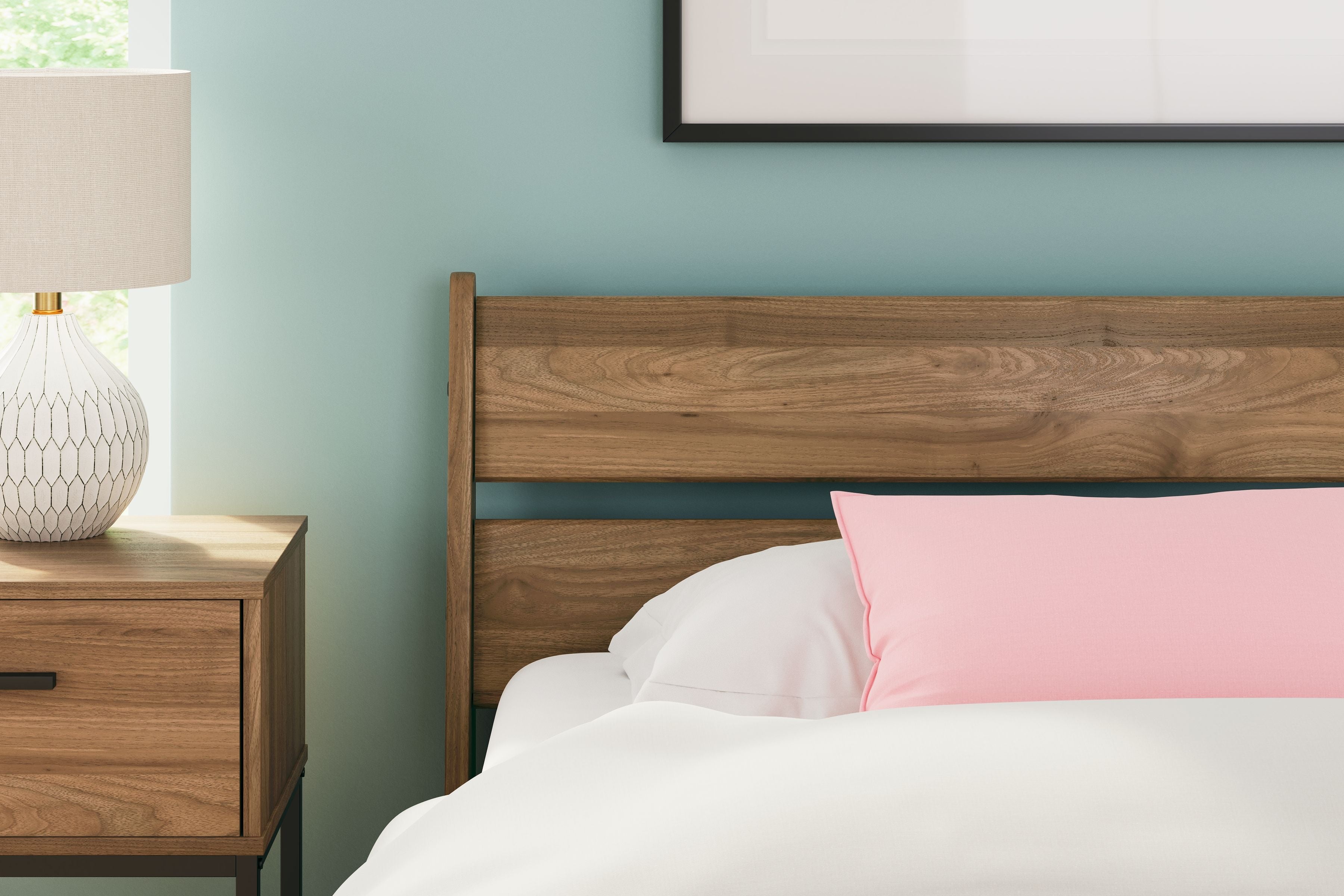 Honey twin panel headboard in light wood with three horizontal rails