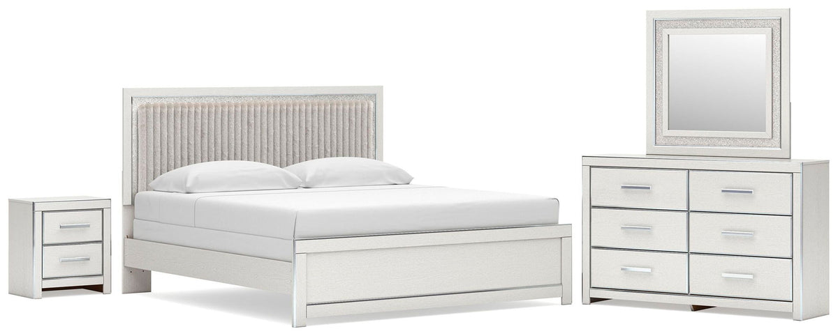 Upholstered panel bed set in white: bed with headboard, nightstand, dresser and mirror