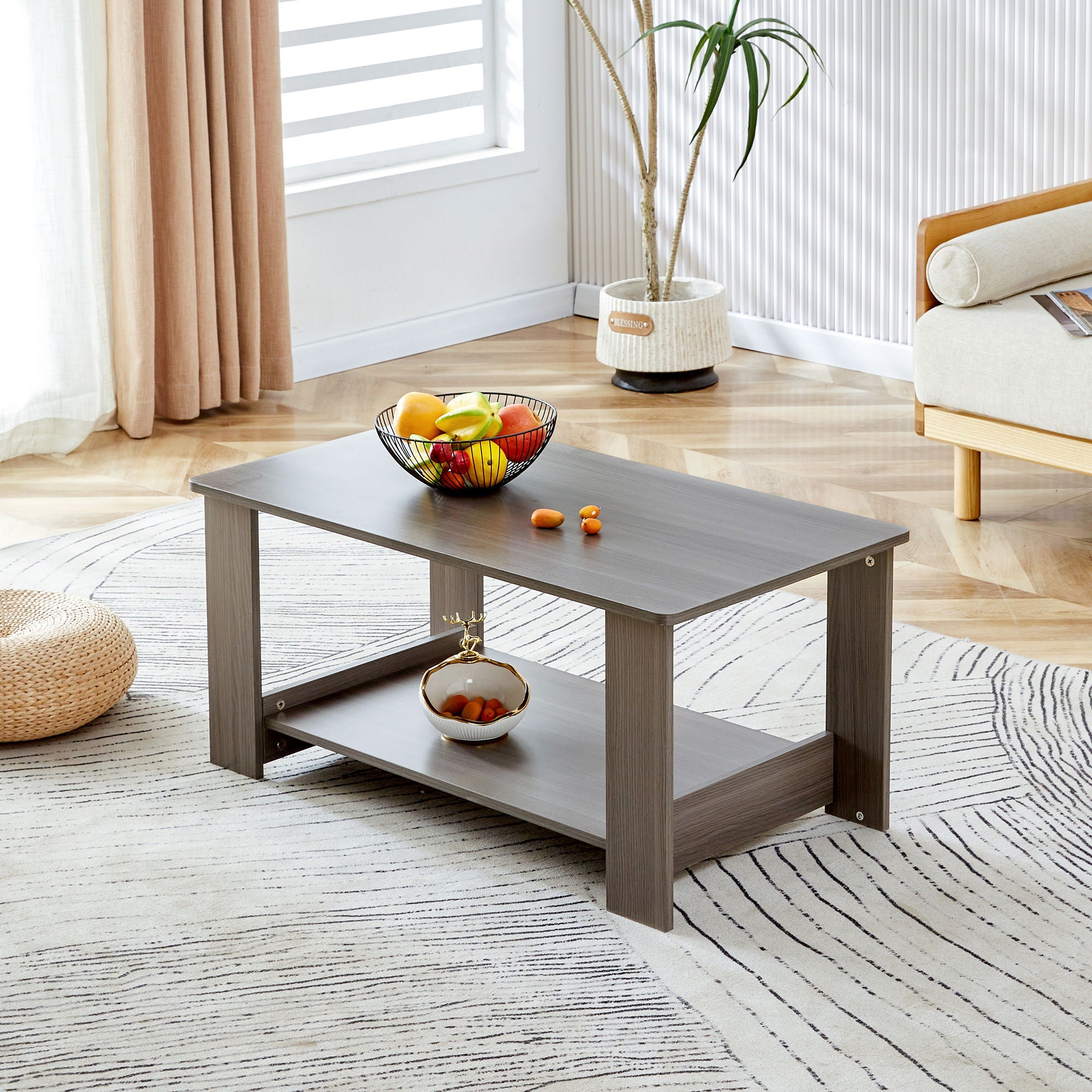 Modern Minimalist Gray Wood Grain Double Layered Rectangular Coffee Table, Tea Table.Mdf Material Is More Durable, Suitable For Living Room, Bedroom, And Study Room