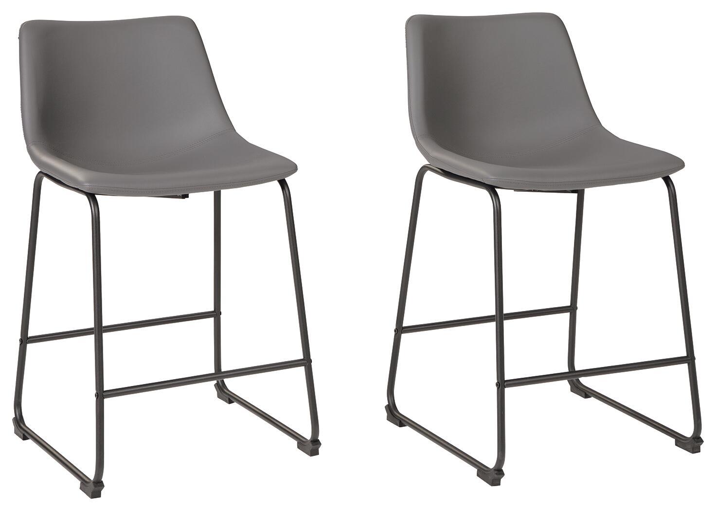 Upholstered barstool with dark gray seat and black metal legs, angled view