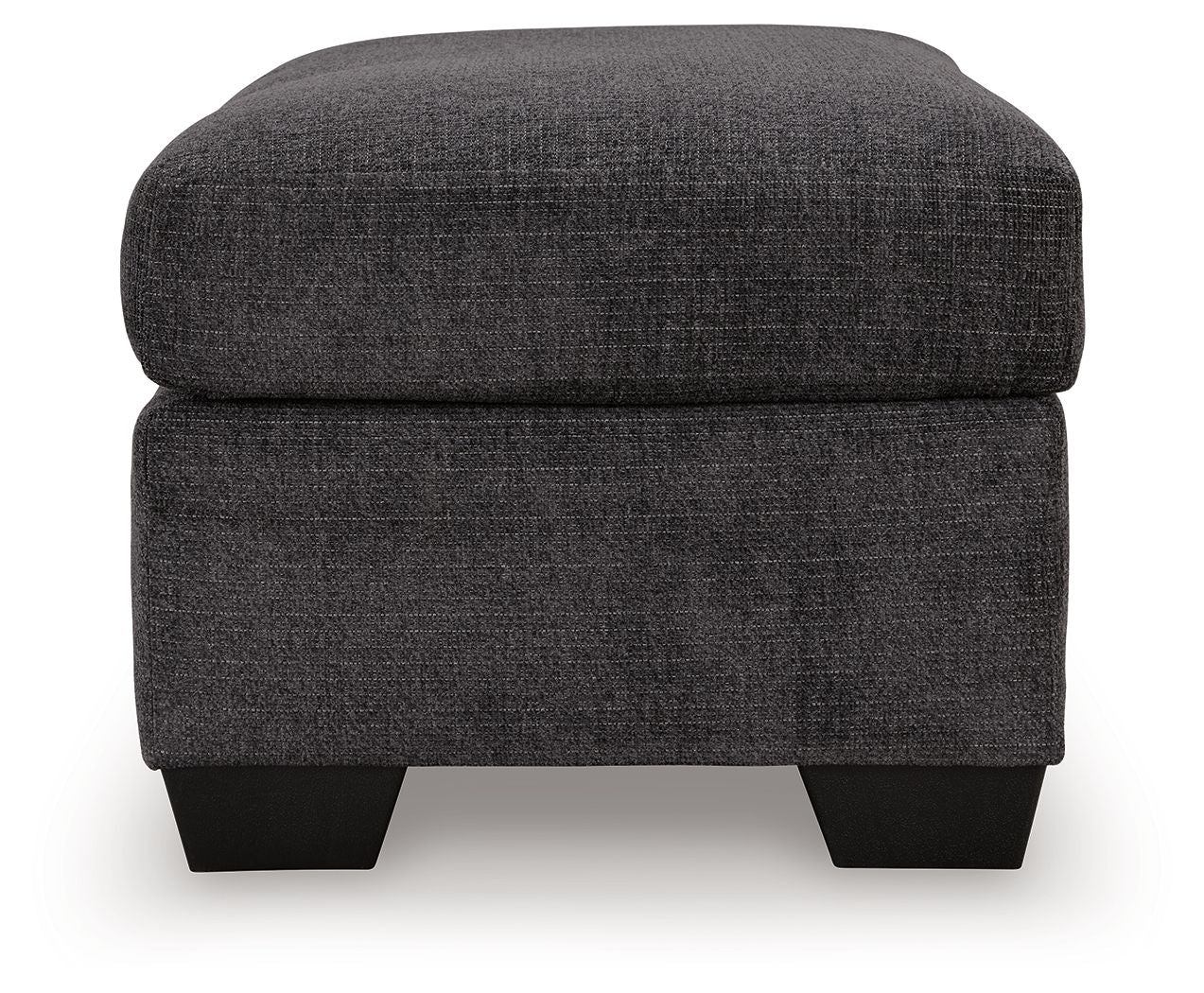 Gray fabric ottoman with rounded-corner top cushion and black legs