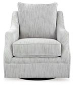 Light gray fabric swivel accent chair with high back and thick, squared seat cushion.