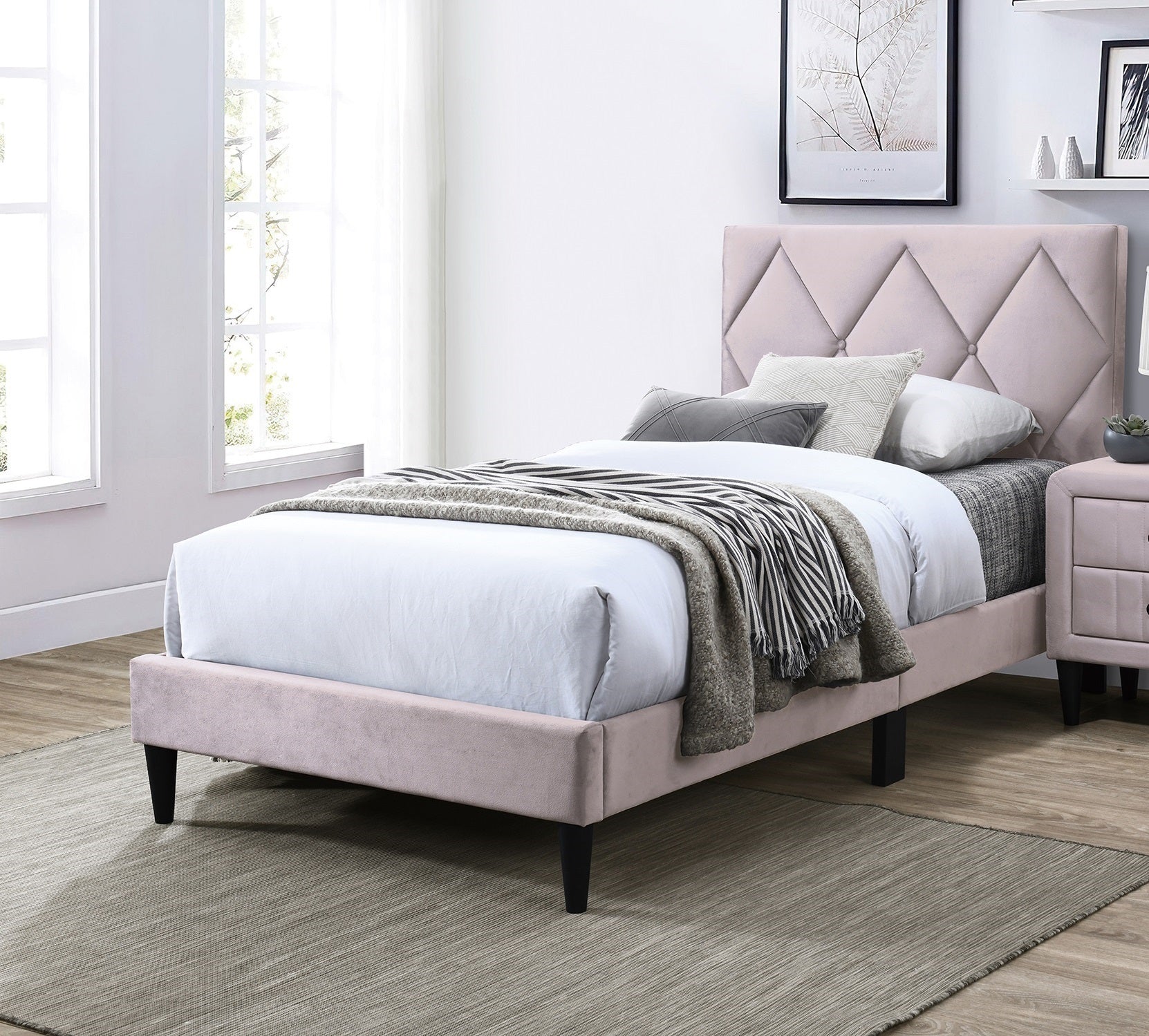 Pink Velvet Twin Bed w/Adjustable Headboard, Youth Furniture