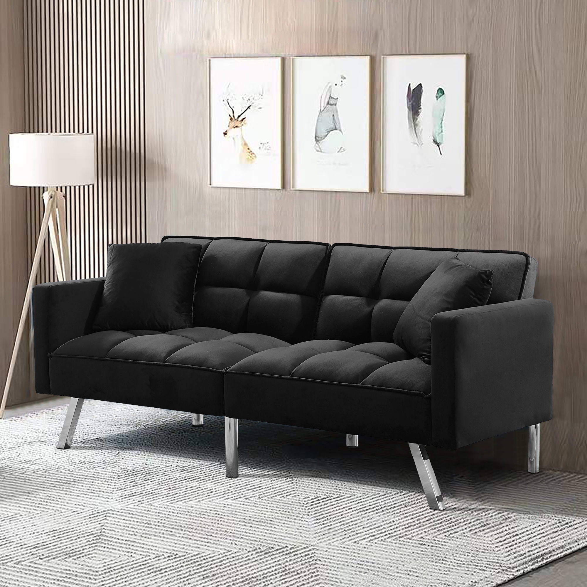 Futon Sofa Sleeper Velvet With 2 Pillows - Black