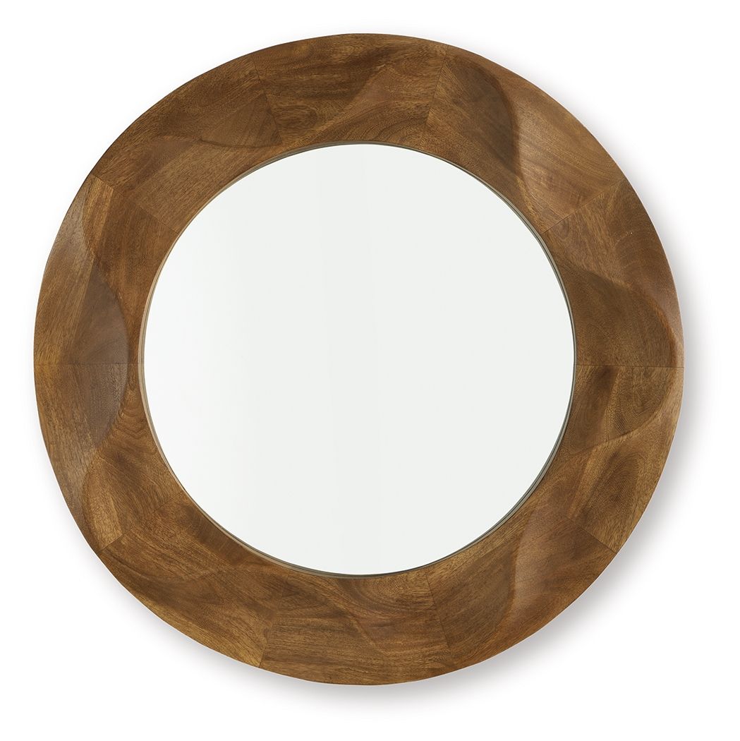 Brown round accent mirror with carved wood frame and reflective glass center