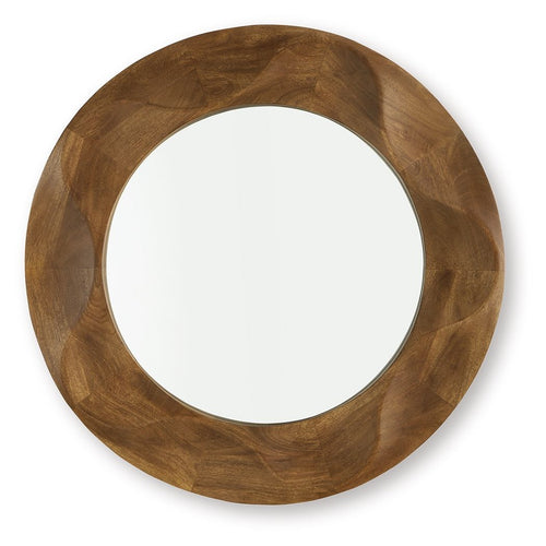 Brown round accent mirror with carved wood frame and reflective glass center