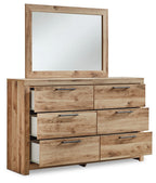 Wood dresser with drawers and attached rectangular mirror