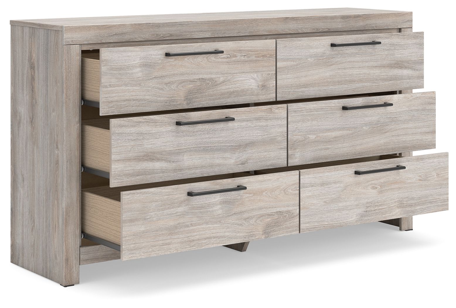 Six-drawer dresser with partially open drawers in light gray wood and dark bar pulls.