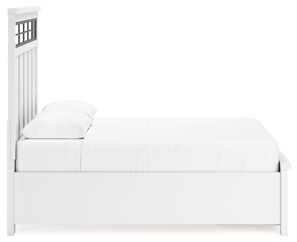 White panel storage bed, side view with raised panel headboard and boxy frame