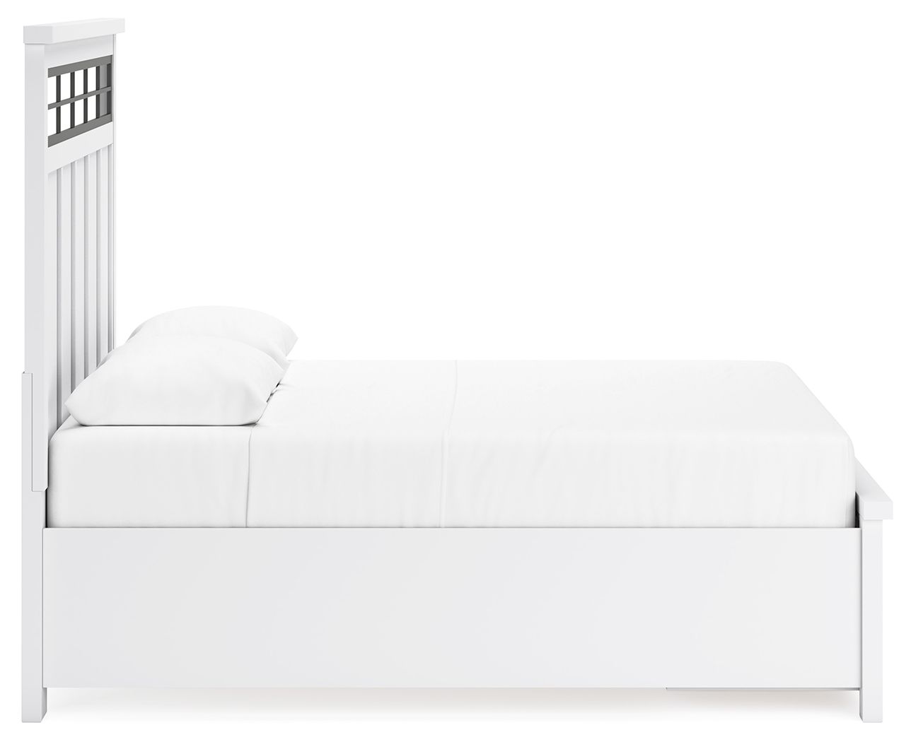 White panel storage bed, side view with raised panel headboard and boxy frame