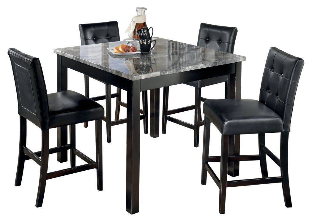 Square black counter table set with 4 black cushioned bar stools, glass top.