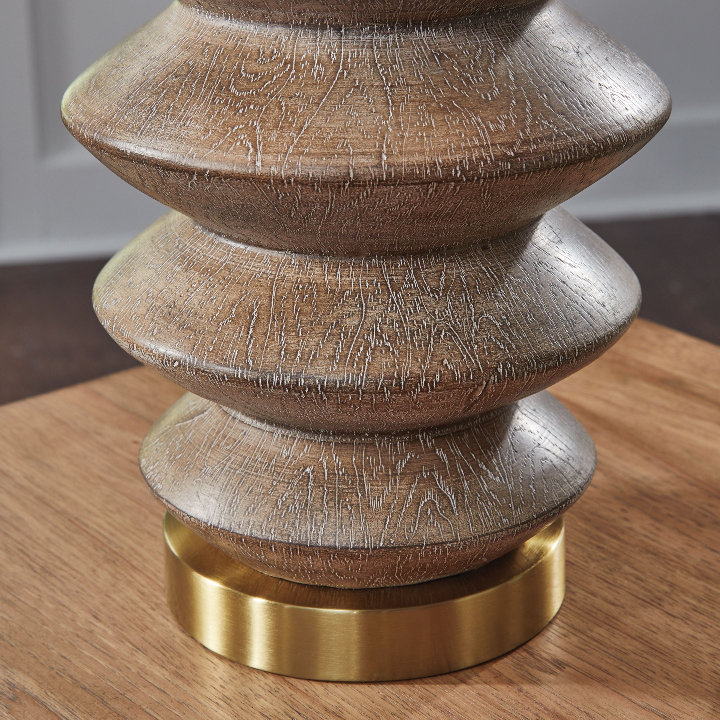 Brown textured lamp base with gold base ring