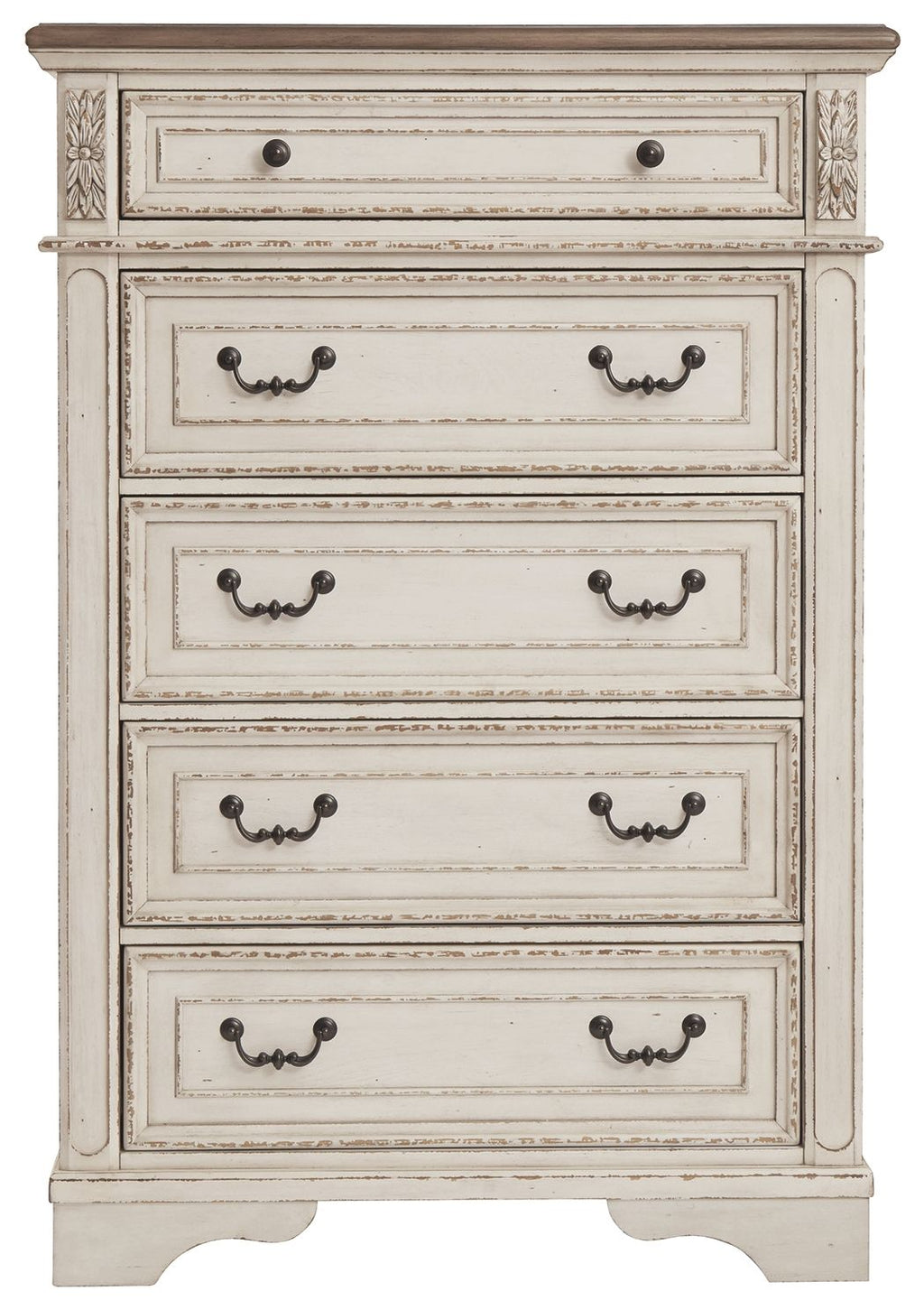 Front view distressed white five-drawer chest with dark metal handles