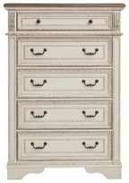 Front view distressed white five-drawer chest with dark metal handles