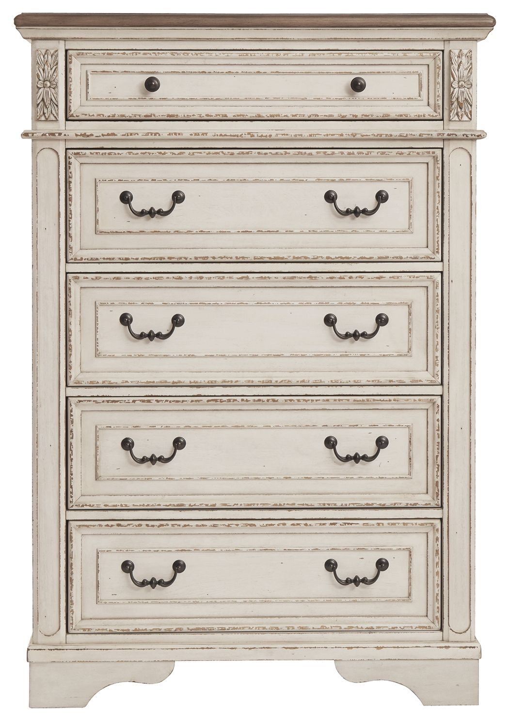 Front view distressed white five-drawer chest with dark metal handles