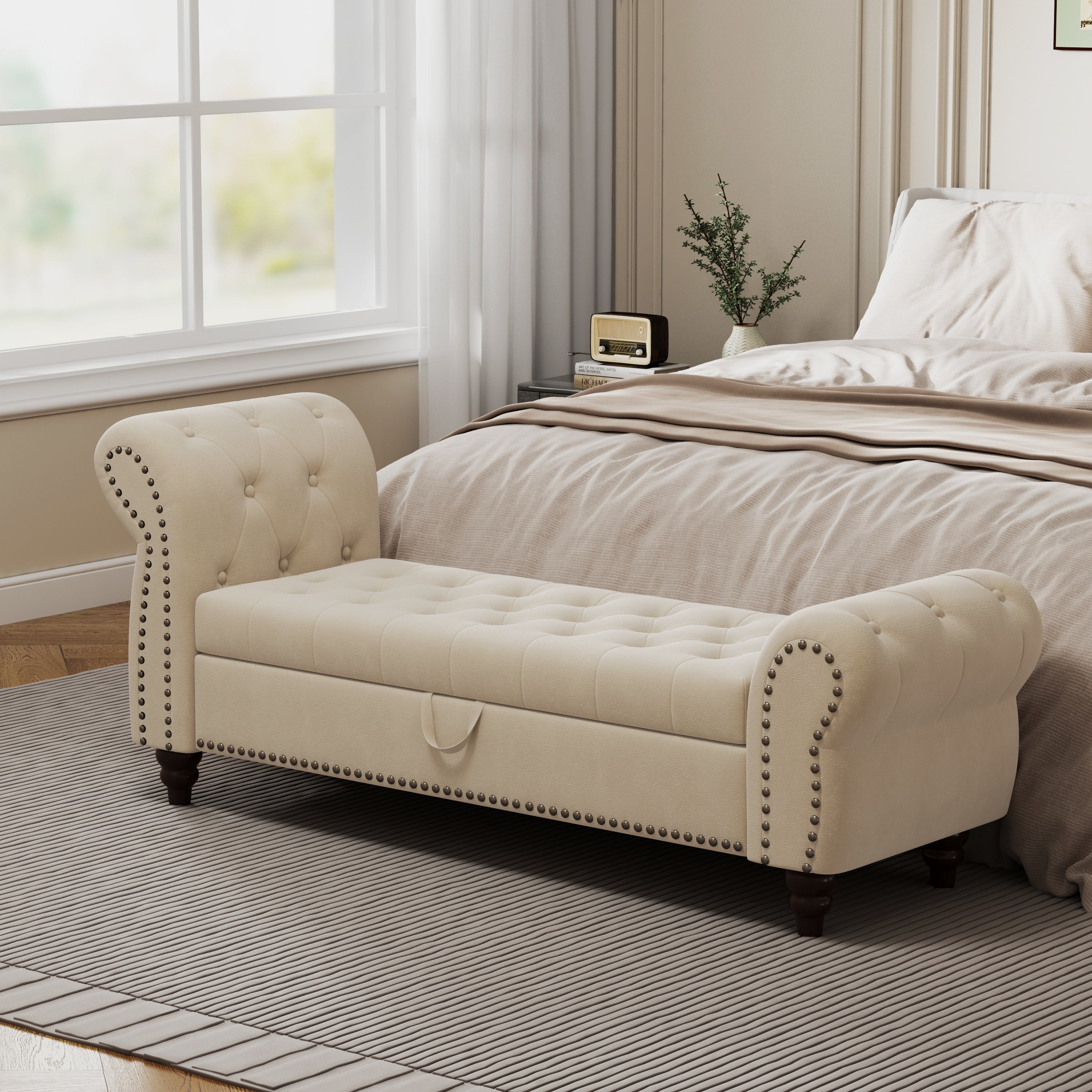 64.5" Beige Velvet Tufted Storage Bed Bench