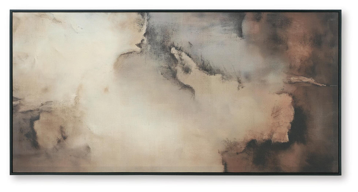 Framed abstract wall art with brown, black, and gray smoky texture
