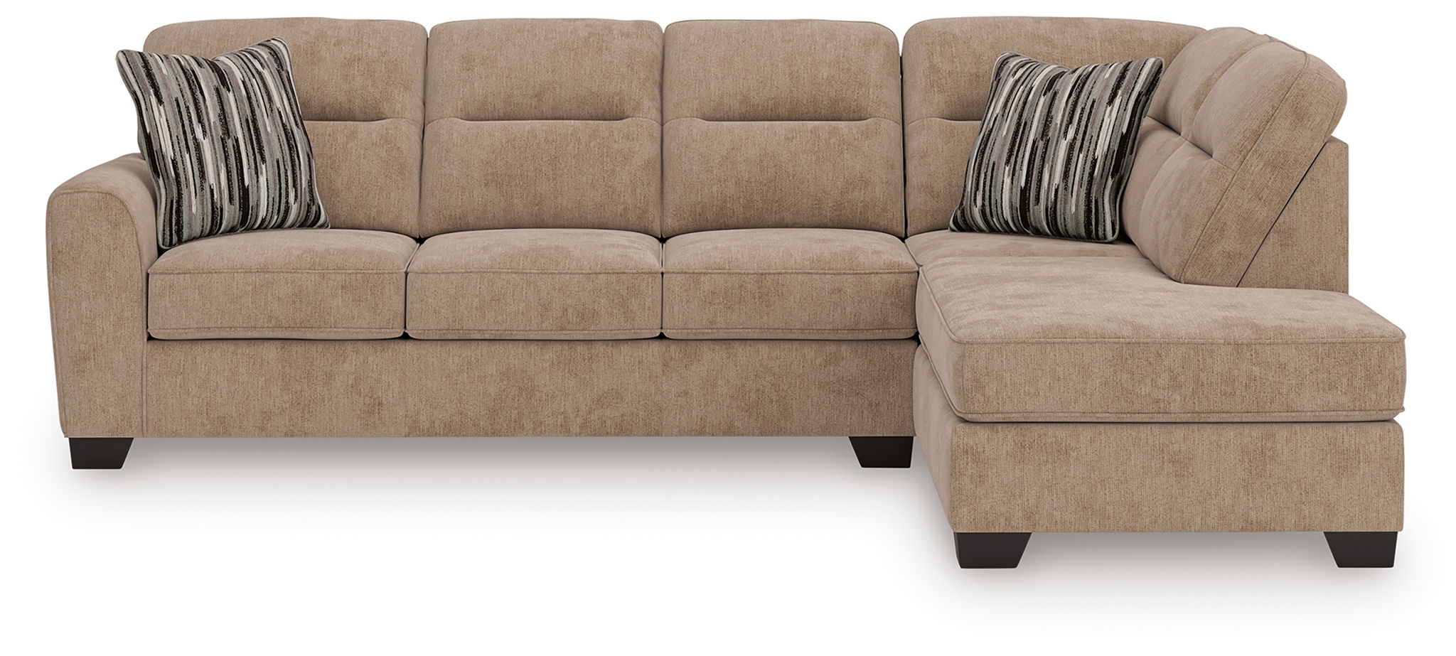 Mocha sectional sofa with right-facing chaise, tufted back cushions and two patterned throw pillows