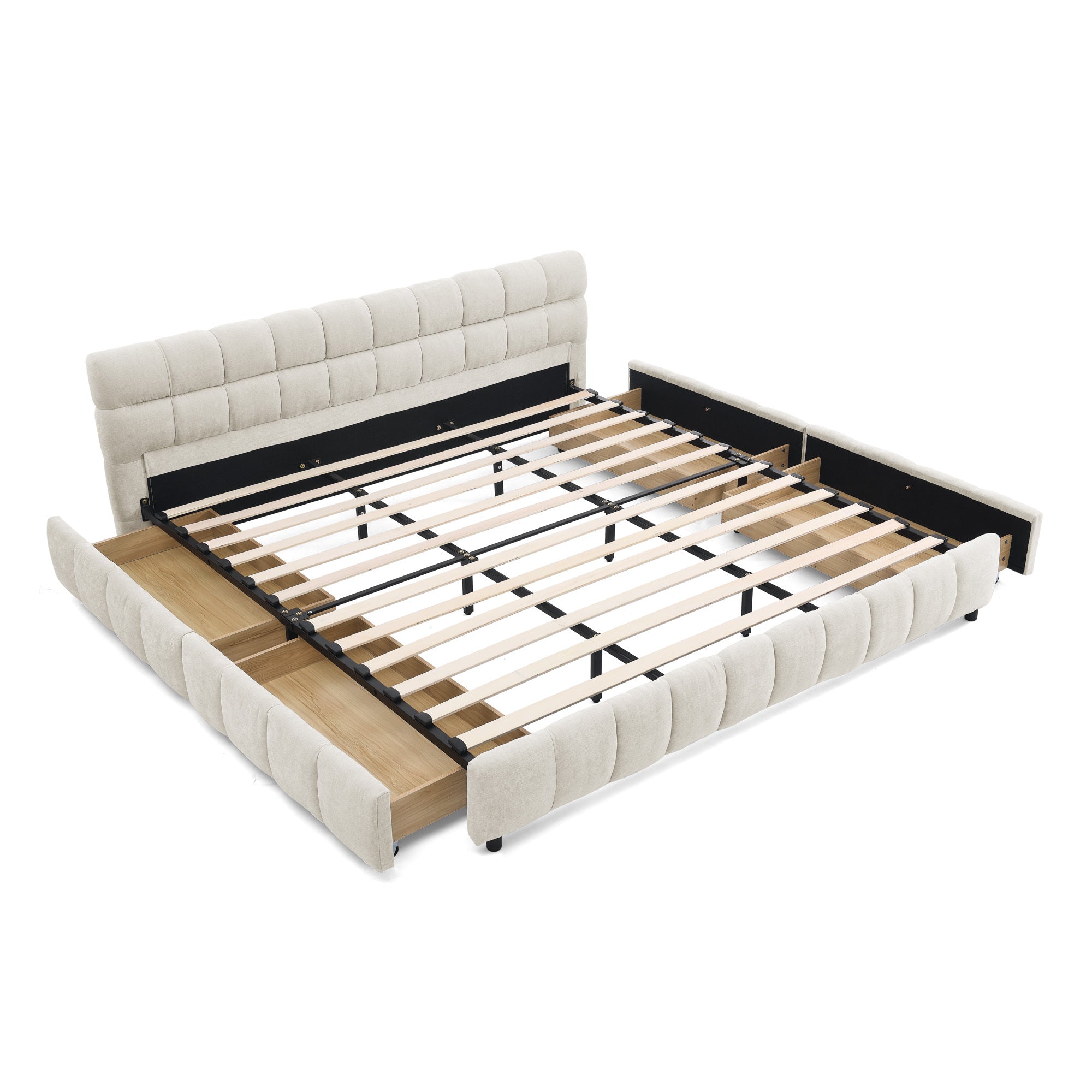 King Size Upholstered Bed with Storage - Beige Chenille Fabric